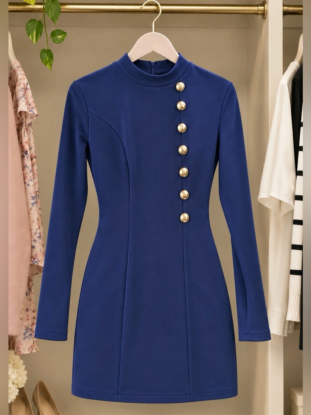 Structured Navy Midi Dress with Gold Button Detail